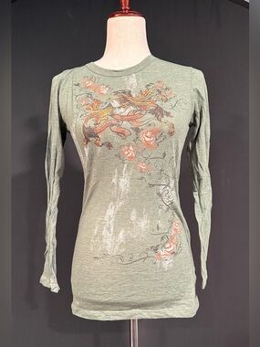 Michele Olive Green Long Sleeve Floral Ribbon Graphic Tee